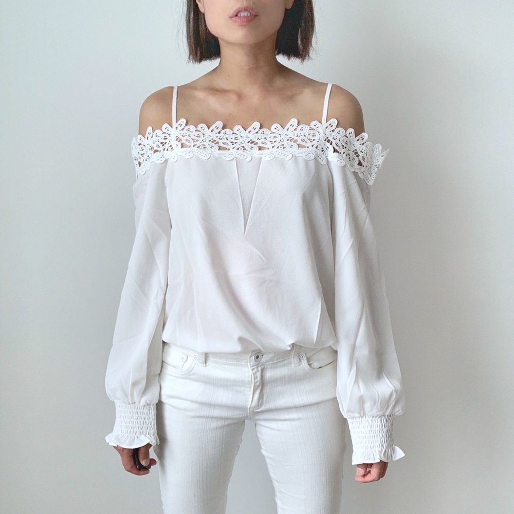 White Crocheted Off Shoulder Blouse Top - Picture 2 of 7
